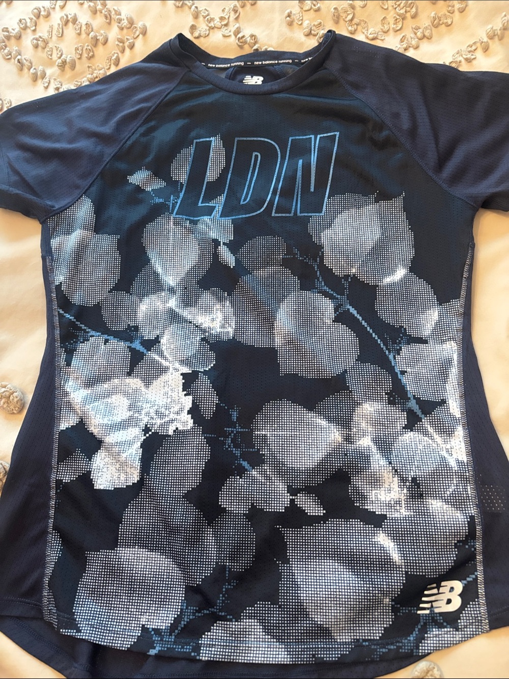 New Balance Navy and Light Blue Floral Graphic Tee. London Marathon